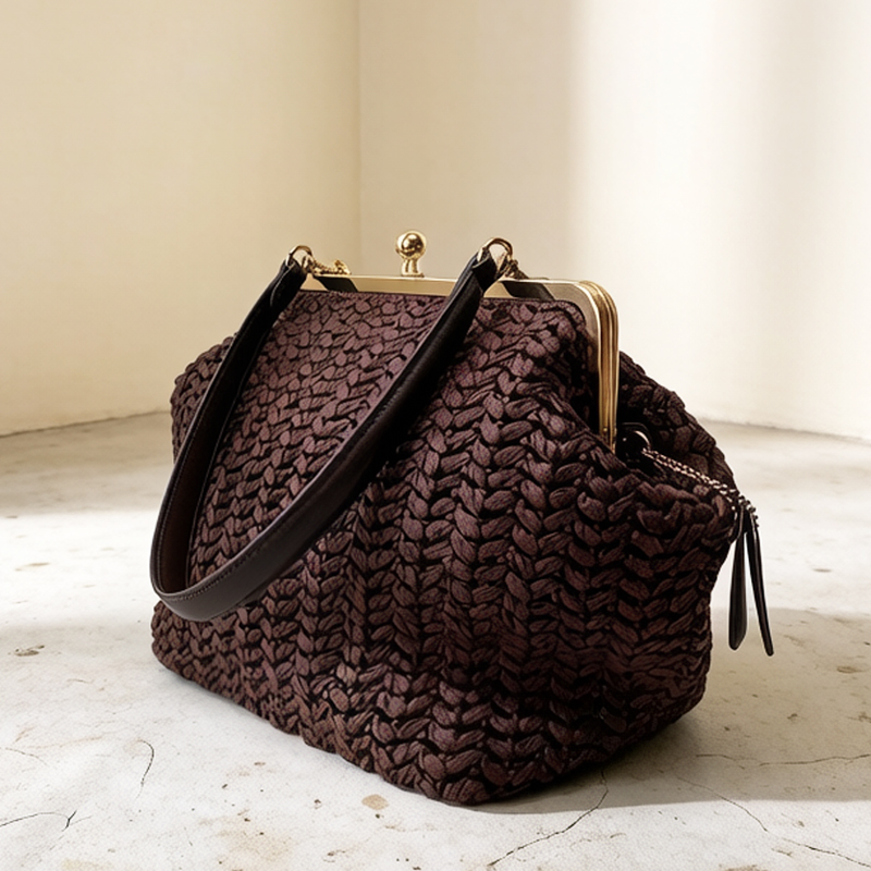 Women'S Vegan Bags - Hand-Woven Kisslock Frame Shoulder Raffia Beach