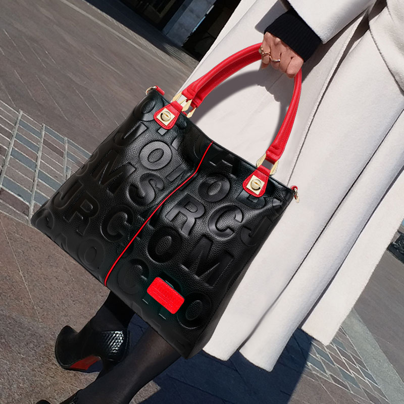 Women'S Tote Bags For Work - Genuine Cowhide Embossed Letter Tote Bag