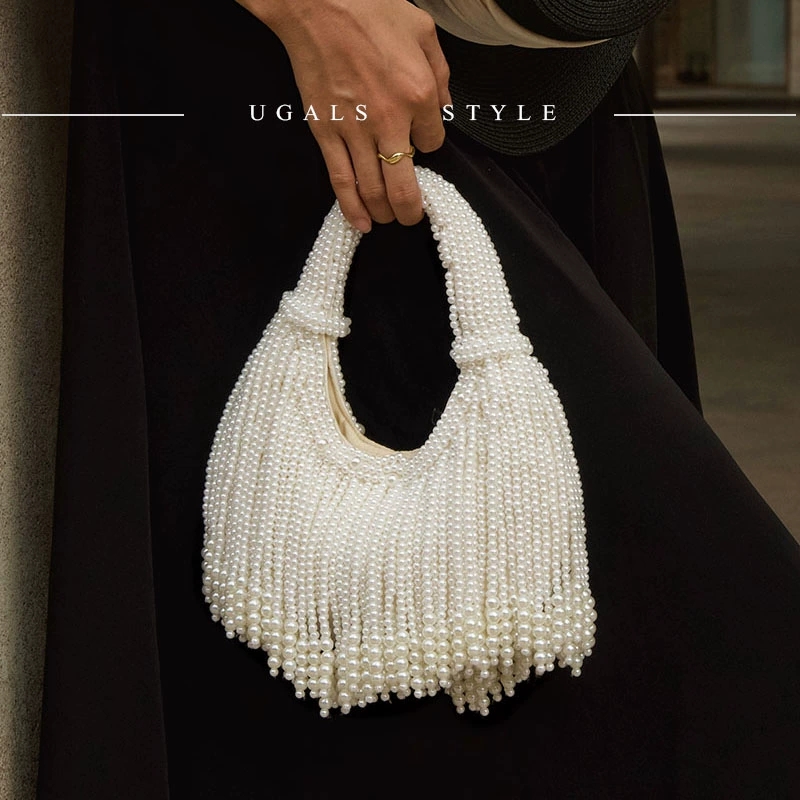 Women'S Vegan Bags - Design Handle Pearl Evening Clutch Bag